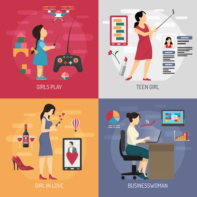 Women evolution digital gadget design concept with female using gadgets for gaming social networks and work vector illustration