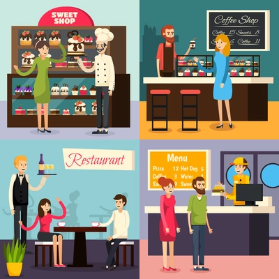 Four square cafe worker flat icon set on restaurant cafe bar sweet shop themes vector illustration