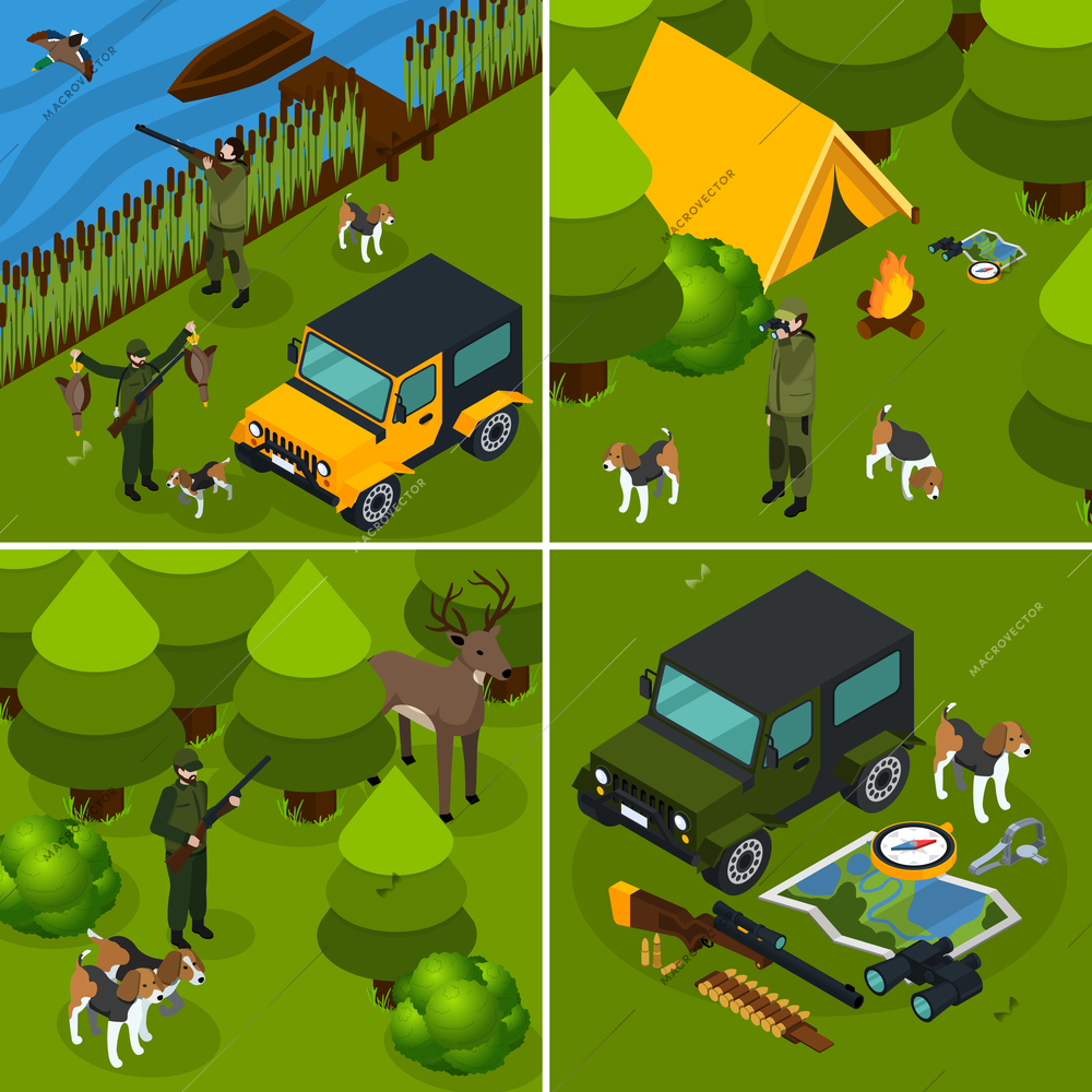 Four square isometric hunting icon set hunter in forest with tents and a gun vector illustration