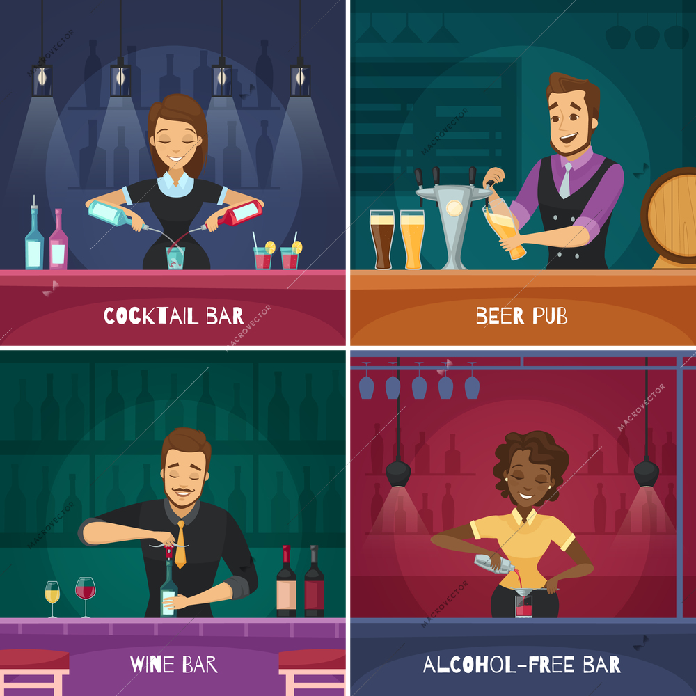 Barman 2x2 design concept in cartoon style with male and female bartenders at bar racks flat vector illustration