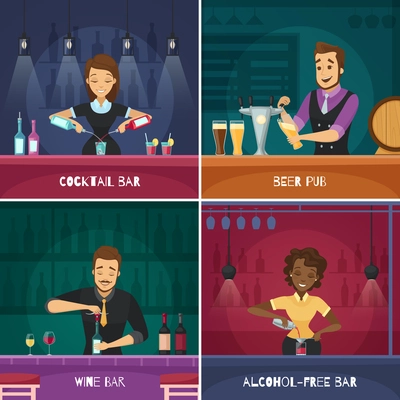 Barman 2x2 design concept in cartoon style with male and female bartenders at bar racks flat vector illustration