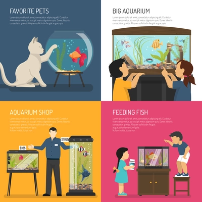 Aquarium design concept compositions set with flat images of aquarian and children characters with fish bowl vector illustration