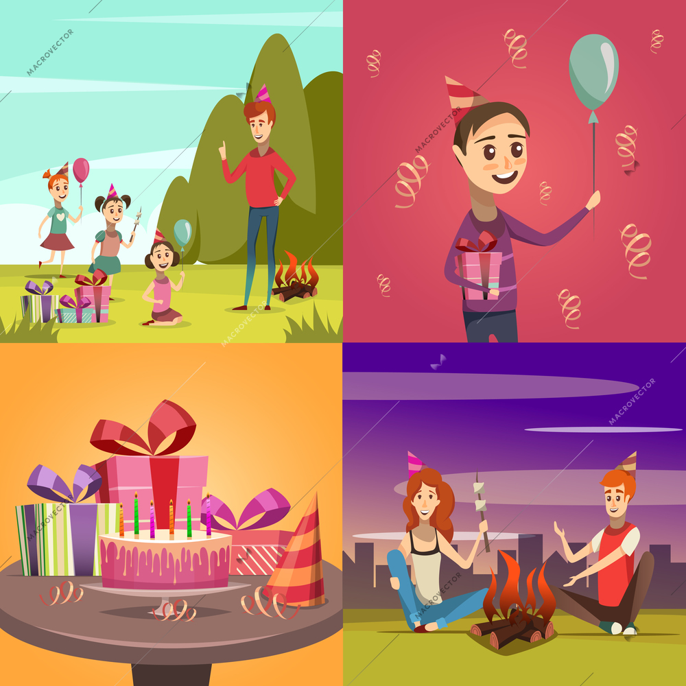 Children birthday concept icons set with barbeque and family symbols cartoon isolated vector illustration