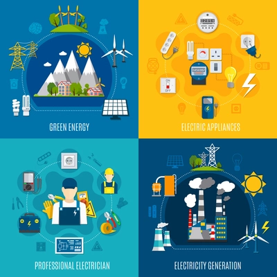 Flat compositions with electricity generation including wind turbines, green energy, professional electrician and equipment isolated vector illustration