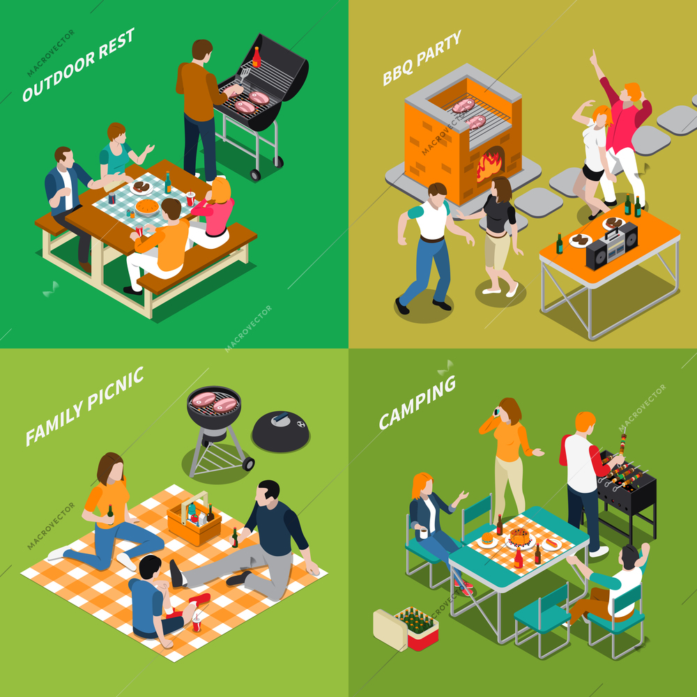 Bbq isometric compositions with outdoor rest, party with dancing, family picnic, camping, grill equipment isolated vector illustration