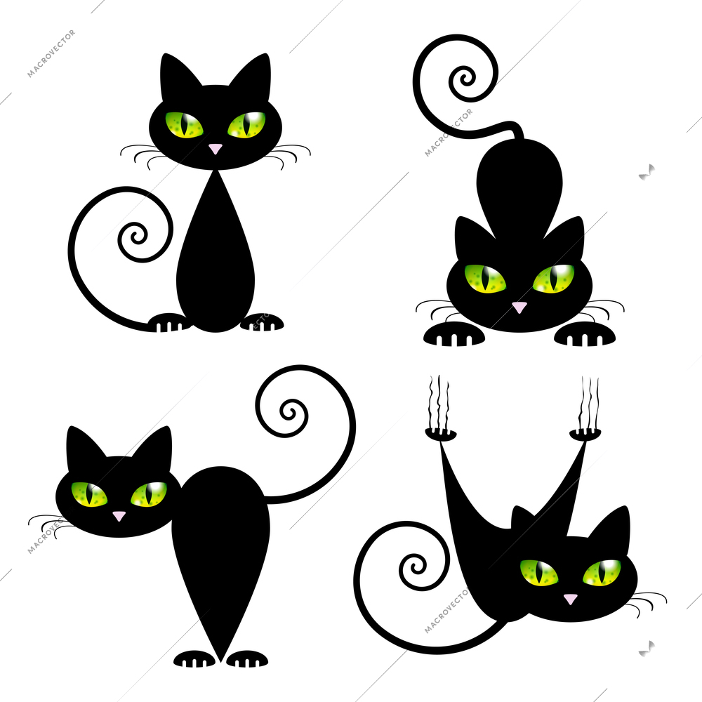 Black Cat with Green Eyes Vector Illustration