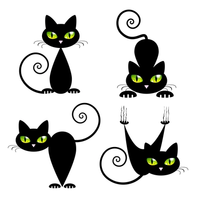Black Cat with Green Eyes Vector Illustration