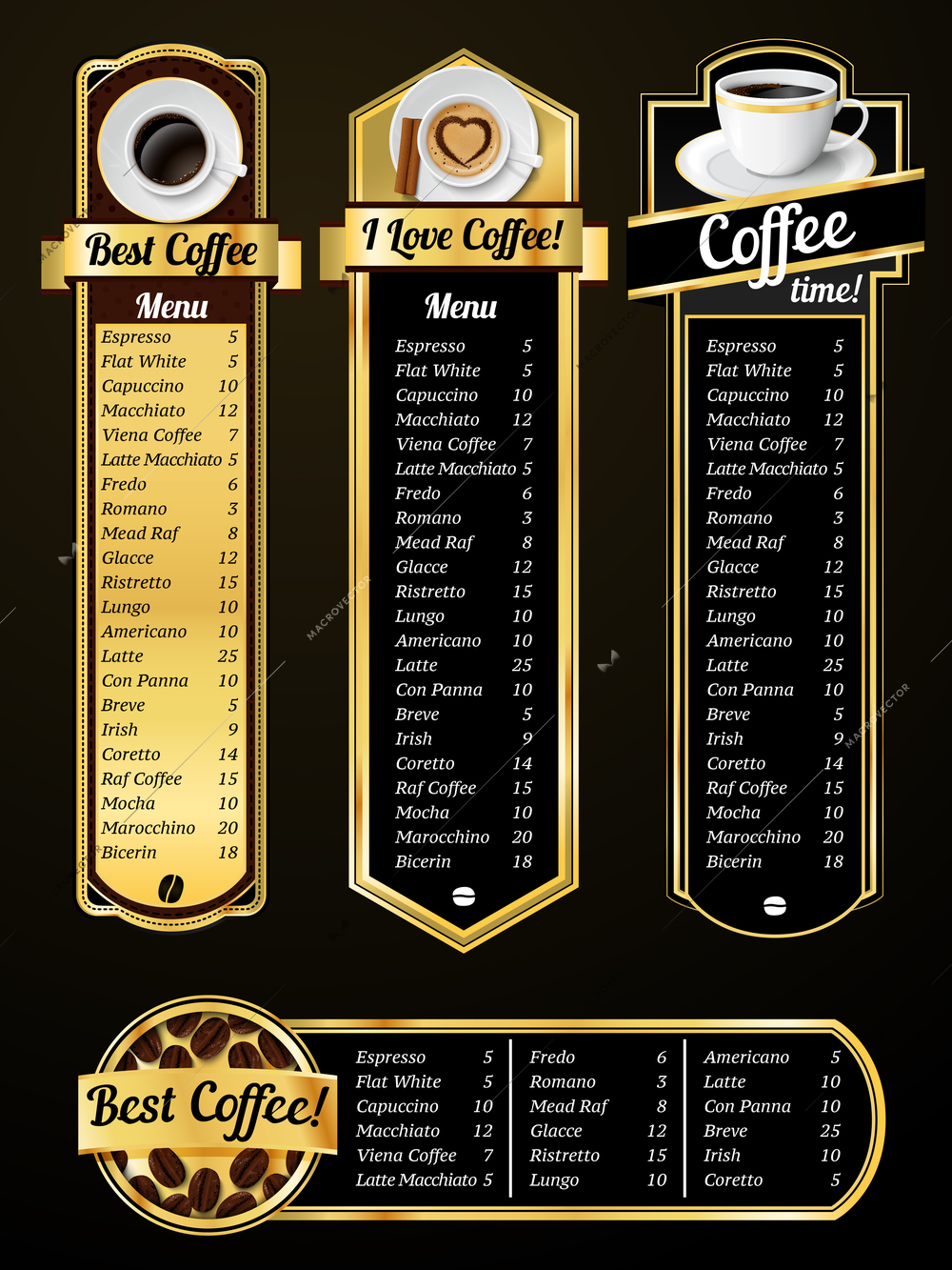 Coffee menu templates with espresso cappuccino latte positions vector illustration