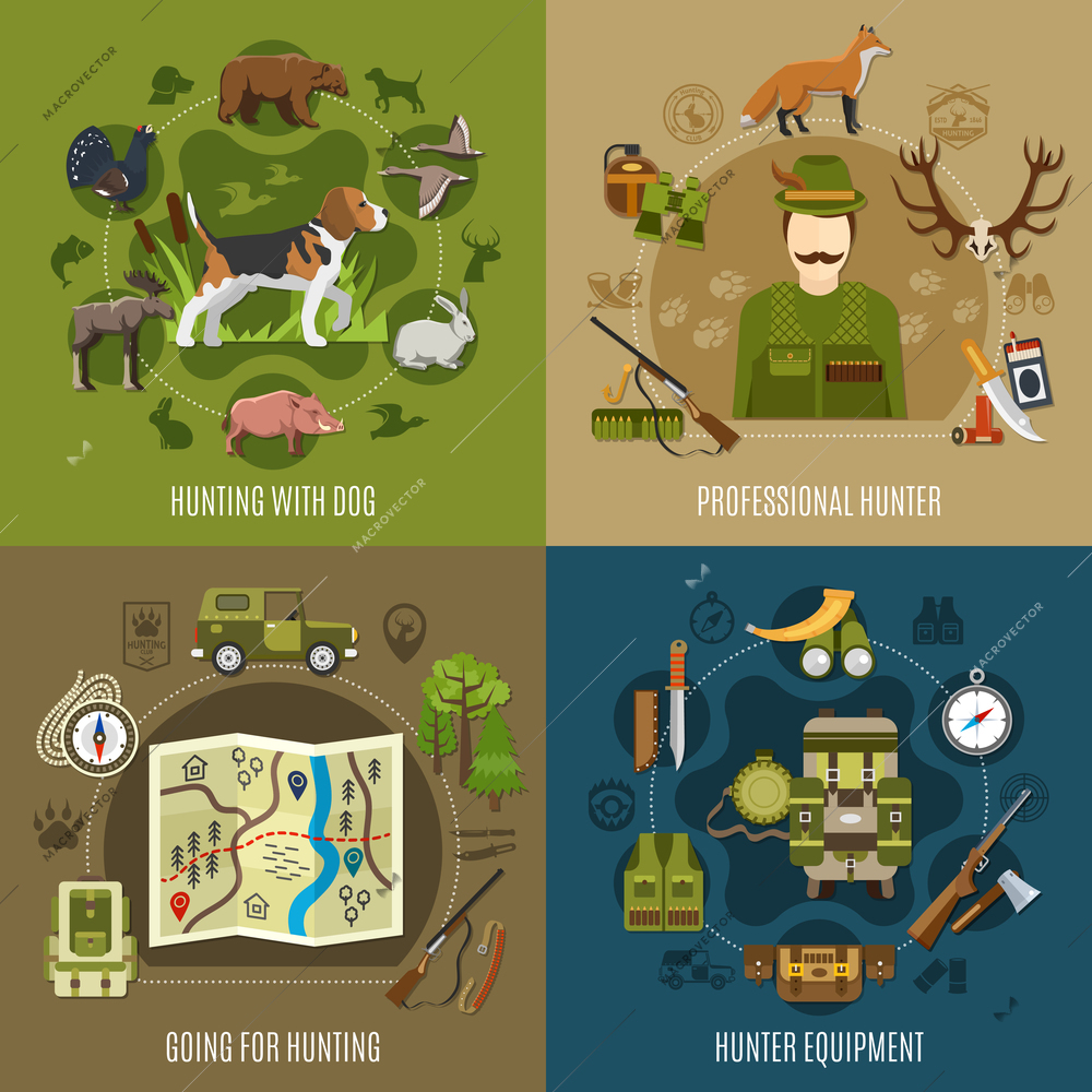 Hunting concept icons set with equipment symbols flat isolated vector illustration