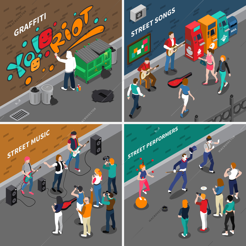 Street artists isometric compositions with musicians and singers, graffiti painters, pantomime actors and audience isolated vector illustration