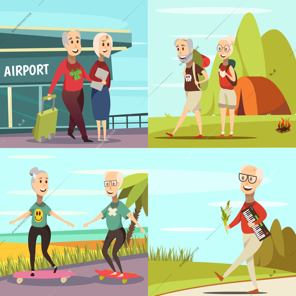 Elderly people concept icons set with travel and tourism symbols cartoon isolated vector illustration