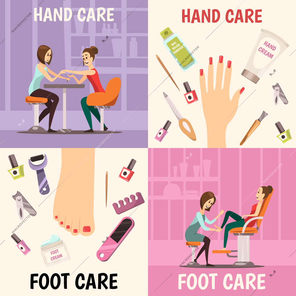 Manicure concept icons set with hand and foot care symbols cartoon isolated vector illustration