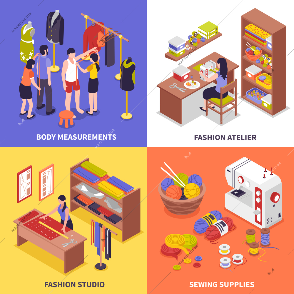 Fashion atelier 2x2 design concept with body measurements fashion studio sewing supplies square compositions isometric vector illustration