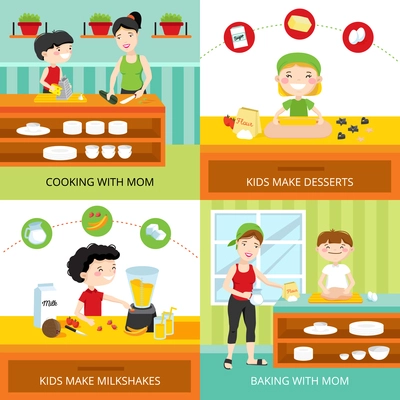 Flat design concept with kids making milkshakes and desserts, cooking and baking with mom isolated vector illustration