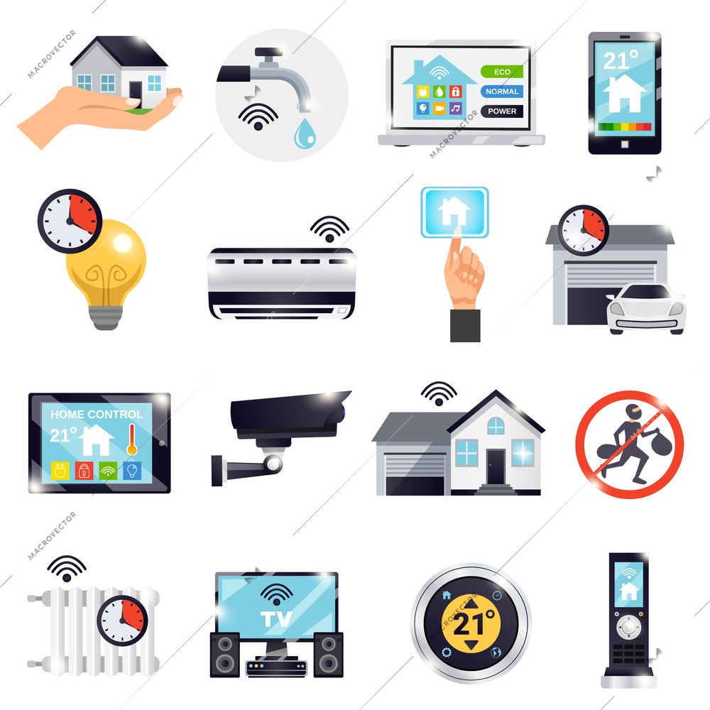 Isolated smart home icon set with electronically elements and attributes for better life vector illustration