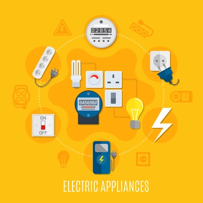 Electric appliances round design with gauges, bulbs, switch, plug socket,  extension cable on yellow background vector illustration