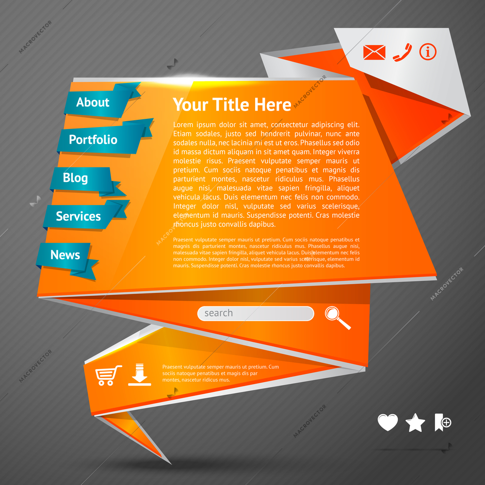 Orange origami paper website page design template with navigation icons vector illustration