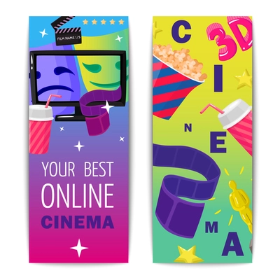 Cinema two isolated vertical banners with prize figurine popcorn 3d film online viewing images flat vector illustration
