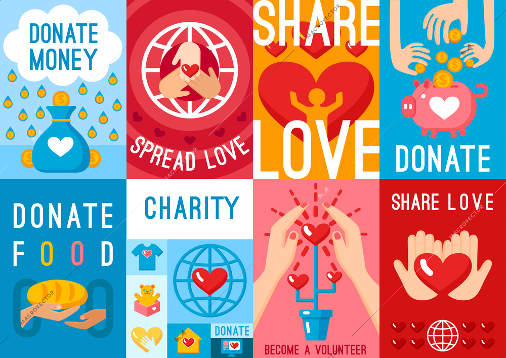 Set of eight charity donation posters with heart in people hands images spread love and share love words  flat vector illustration