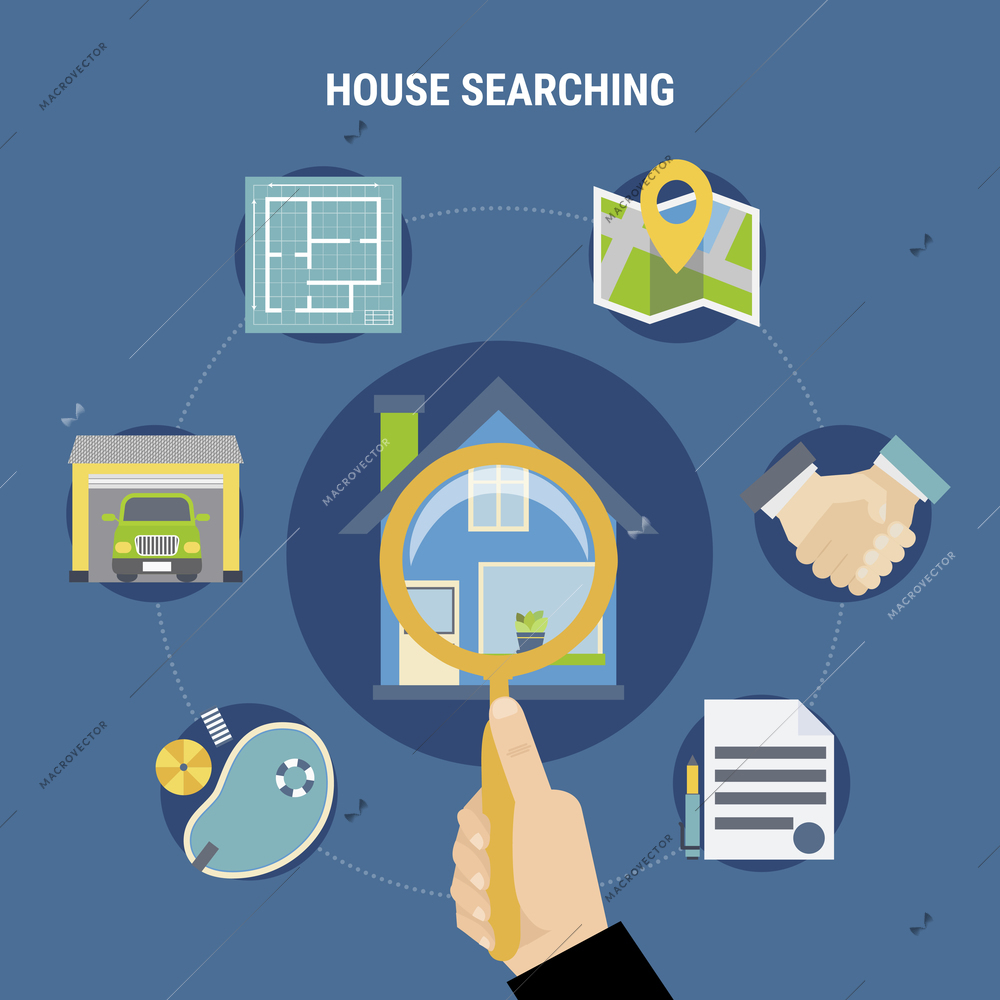 House searching concept with purchase symbols on blue background flat vector illustration