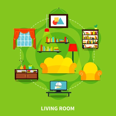 Living room design with sofa lamp and TV on green background flat vector illustration