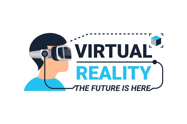 Colored virtual reality logotype with face of guy in glasses and the future is here headline vector illustration