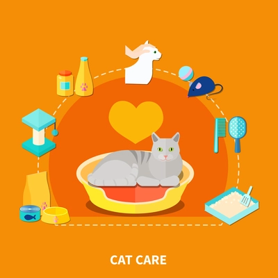 Flat design concept with various pet care accessories for cats on orange background vector illustration