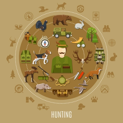 Hunting concept with uniform rifle dog and wild animals flat vector illustration