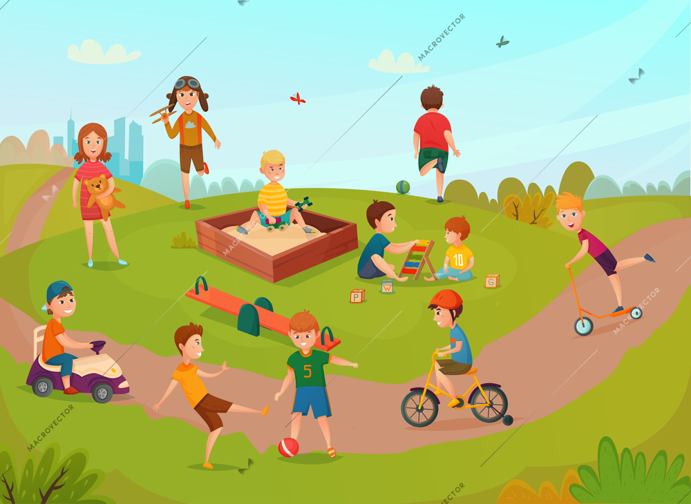 Colored kids playing composition with children on lawn have fun and play vector illustration