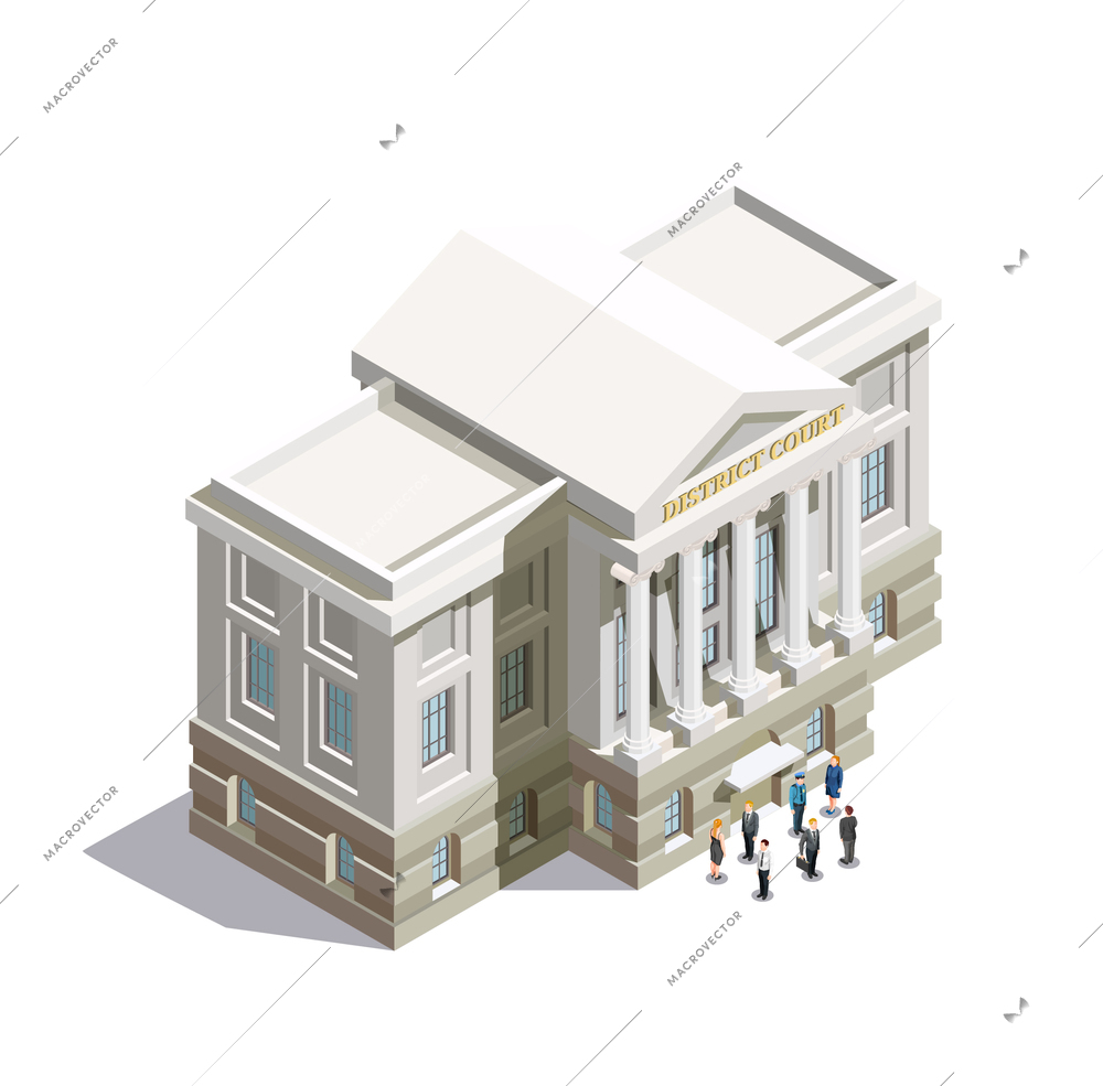 Law isometric icon with district court building and people at entrance on white background 3d vector illustration