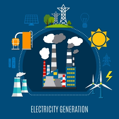 Electricity generation composition with fuel power plant, electrical pylons, solar panels on blue background flat vector illustration