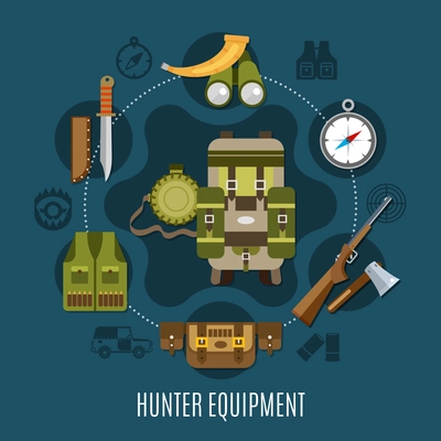 Hunter equipment concept with horn rifle and compass flat vector illustration