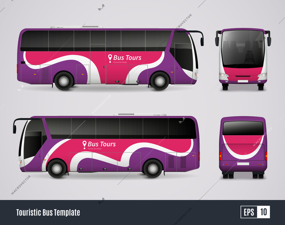 Touristic bus template in realistic style with colored views from frontal back right and left sides isolated vector illustration