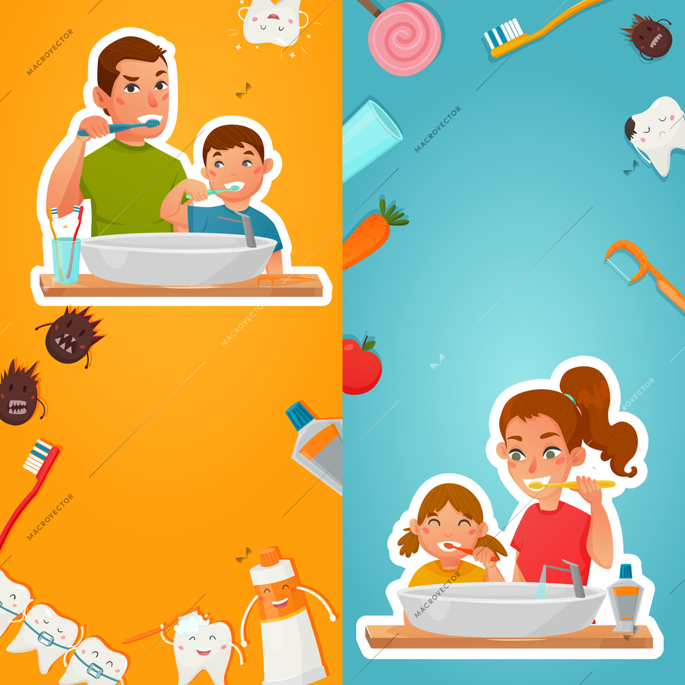 Family hygiene of teeth vertical banners with parents and kids brushing dentals near sink isolated vector illustration