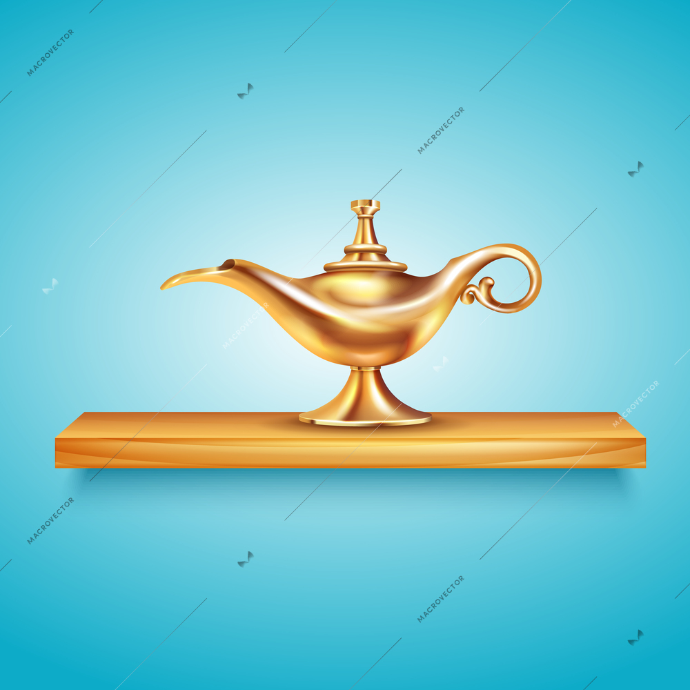 Aladdin lamp shelf composition with cumbersome image of golden vessel on wooden shelf on blue background vector illustration