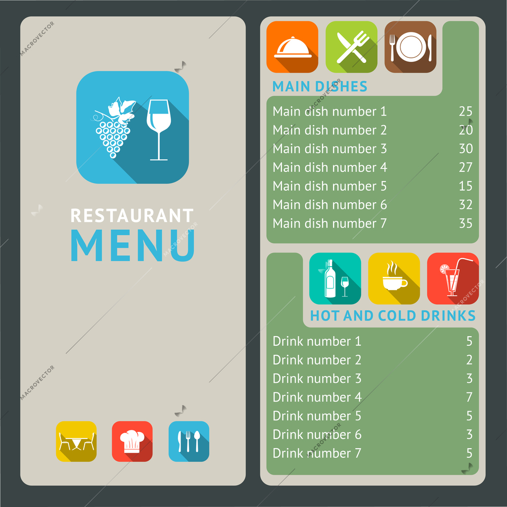 Modern restaurant menu list with flat cooking and serving icons vector illustration