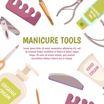 Pedicure tools concept with foot cream symbols cartoon vector illustration