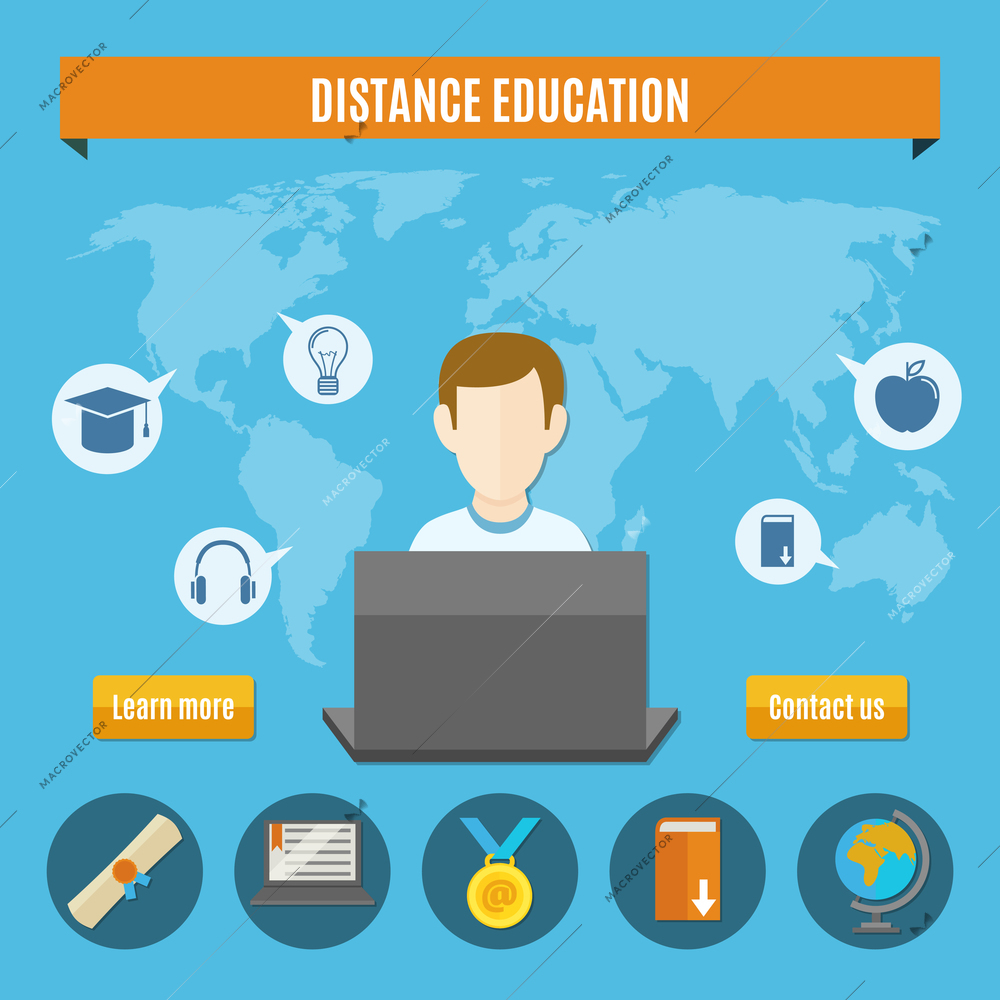 Distance education composition or banner on website with learn more and contact us buttons vector illustration