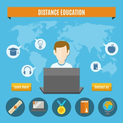 Distance education composition or banner on website with learn more and contact us buttons vector illustration