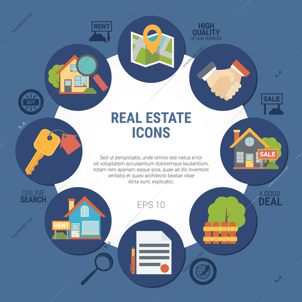 Real estate concept with contract and house symbols on blue background flat vector illustration