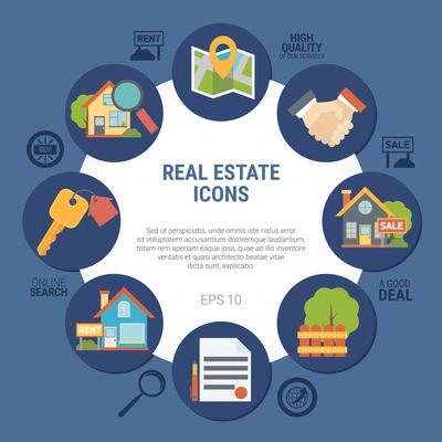 Real estate concept with contract and house symbols on blue background flat vector illustration