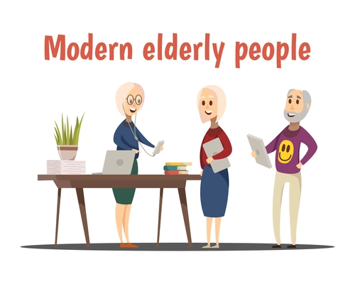 Modern elderly people composition with technology symbols cartoon vector illustration