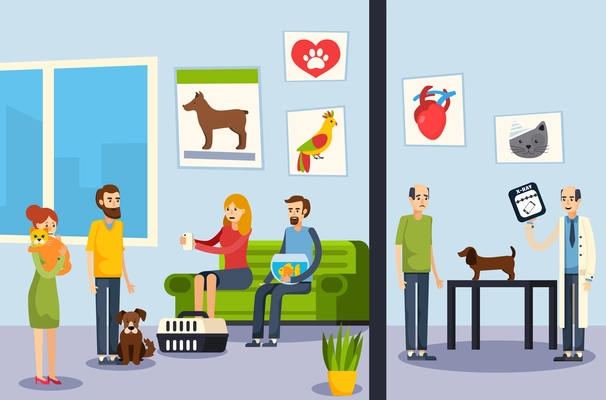 Vet clinic waiting room and veterinarian office dog check up process flat orthogonal flat banners vector illustration