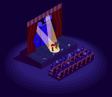 Isometric 2d icon with actors bowing after theatre performance vector illustration