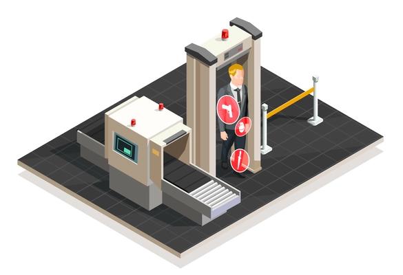 Plane passenger passes xray check at airport on white background 3d isometric vector illustration