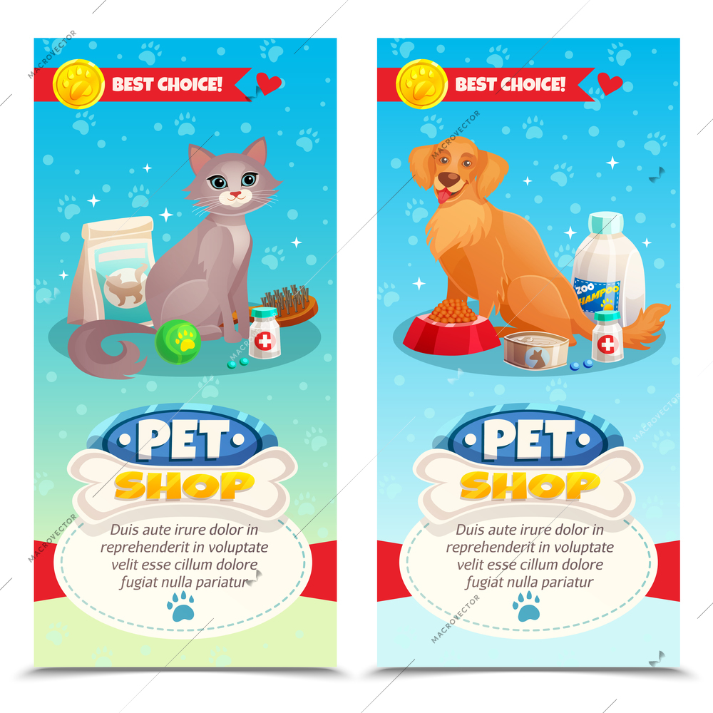 Pet shop vertical banners with cat and dog, feeds, toys, medicines on blue background isolated vector illustration