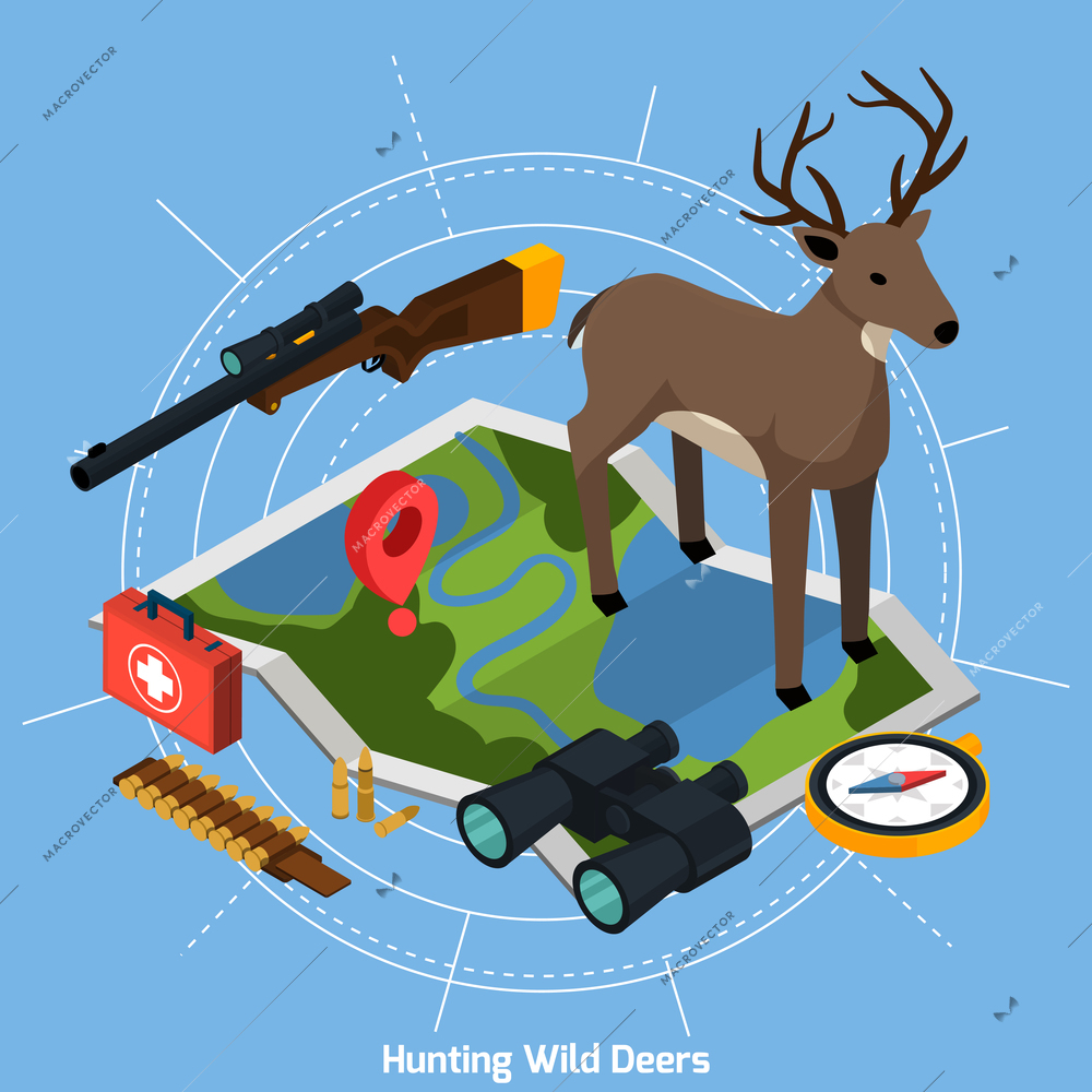 Colored hunting isometric concept with deer at the center on map on blue background vector illustration