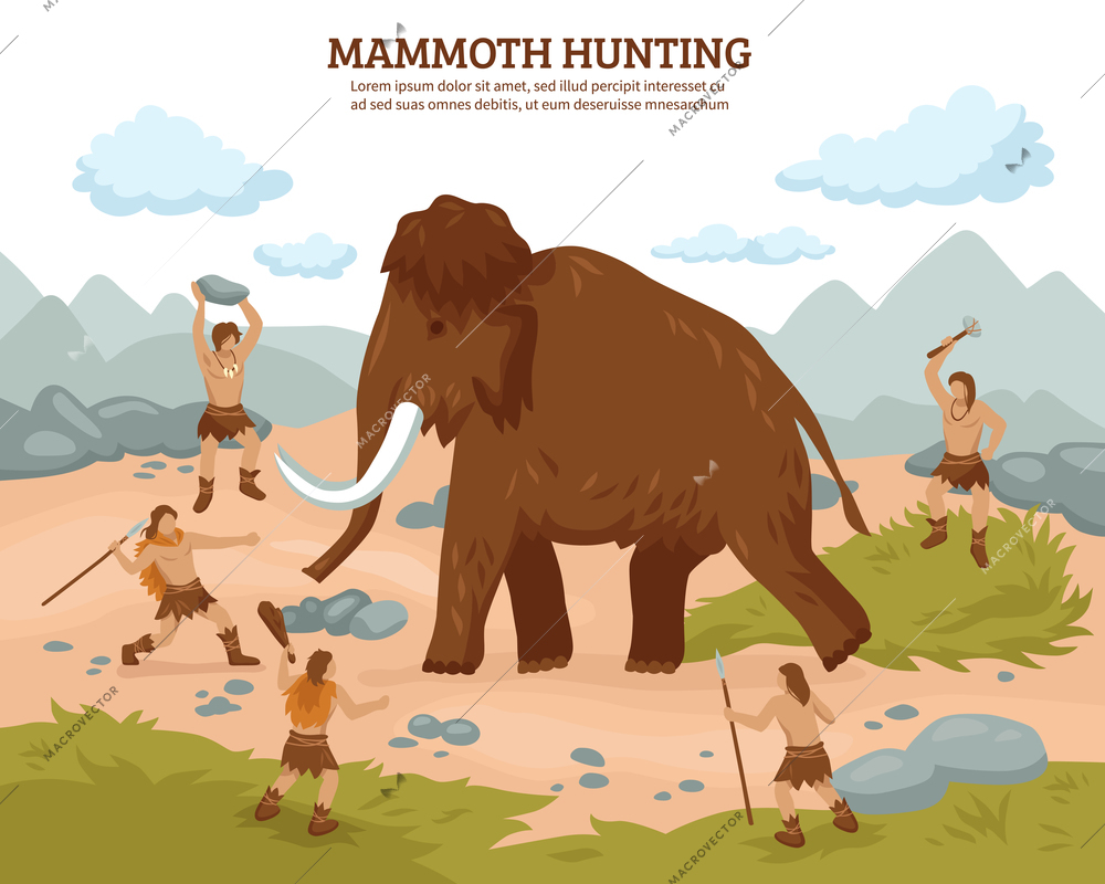 Mammoth hunting background with people mammoth and weapons flat vector ilustration