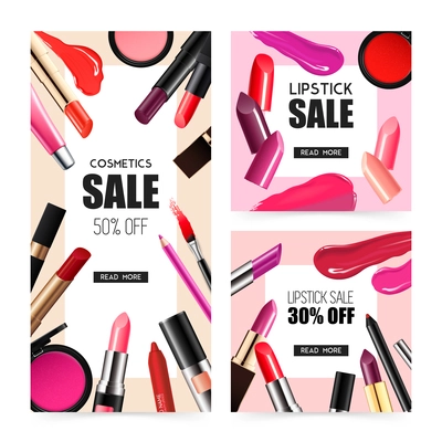 Lip makeup accessoires 2 realistic sale banners with lipstick gloss balm liner radiant colors isolated vector illustration