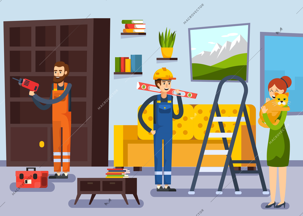 Home renovation remodeling flat poster with carpenter and repairman workers characters and woman with cat vector illustration
